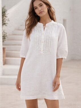 Michael Kors Shift Dress Ivory Linen Beaded 1/2 Balloon Sleeve Tunic | Large